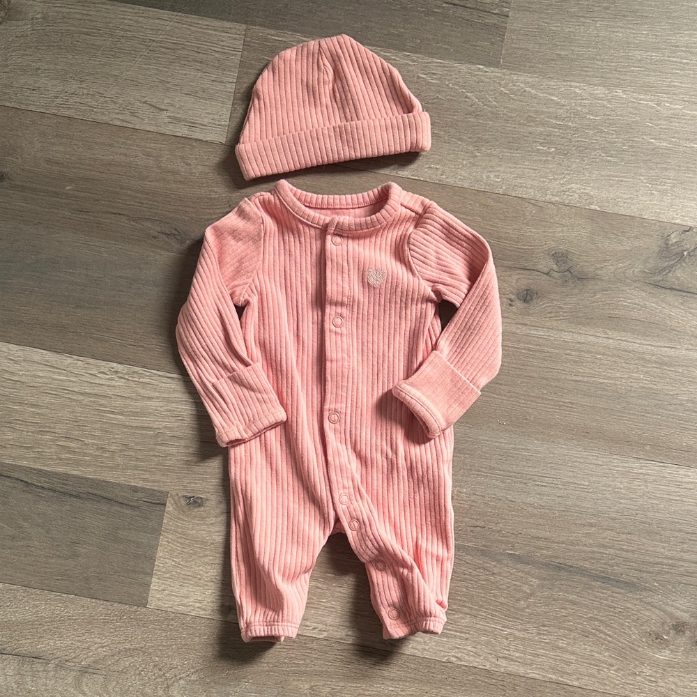 Carter's Pink Ribbed Footie and Hat Set